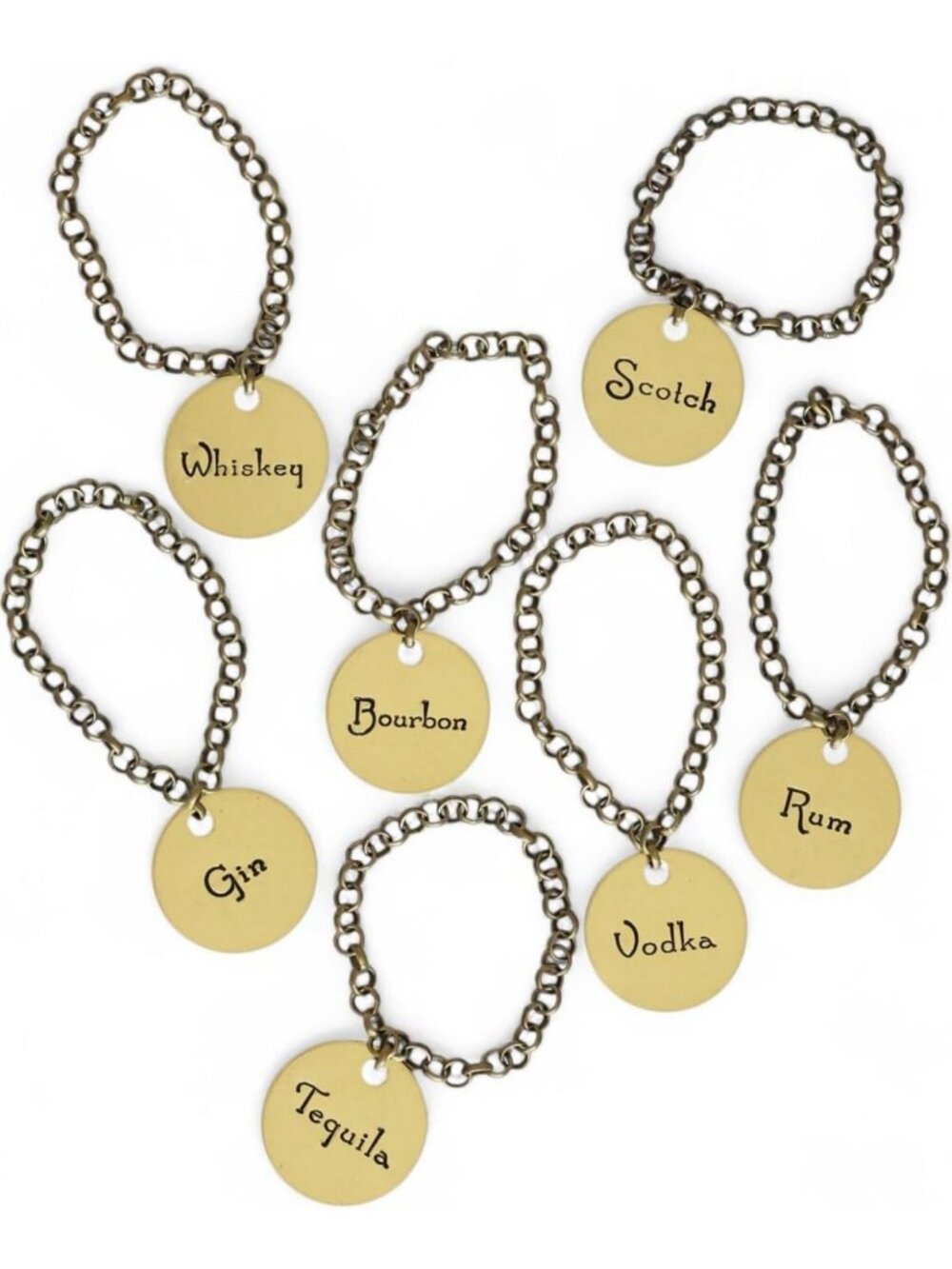 Hand-Stamped Gold Brass Decanter Tag Set - 7-Piece Spirits Labels for Whiskey
